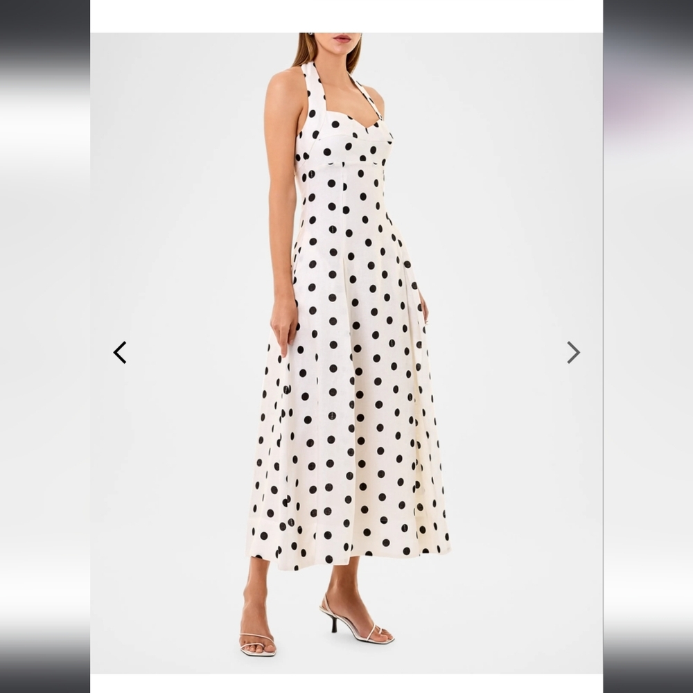$495 NICHOLASSeraphina Pleated Polka Dot Halter Midi Dress